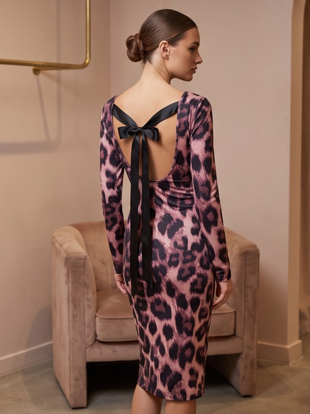 Tan Leopard-Print Long-Sleeve Bow-Back Midi Dress sz S